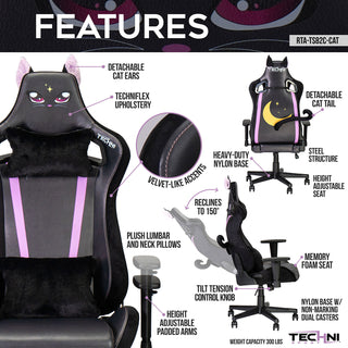 Features of the black cat chair include detachable cat ears, velvet like accents and detachable cat tail. The back of the cat chair has a moon design making it a great option for you gaming room setup