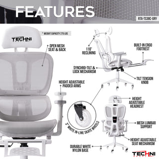 This white gaming chair with footrest, the Airflex 2.0 is packed with features. Including an open mesh seat & back, height adjustable padded arms, and most importantly a footrest that can be opened or tucked into the chair. This techni sport gaming chair also has a tilt & lock mechanism and built in mesh lumbar support. These features make it one of the best gaming chairs on the market without compromising aesthetics. 