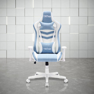 Blue Gaming Chair from the pastel series shown from the front view. Highlights the white accents and lumbar pillow and headrest pillow. 