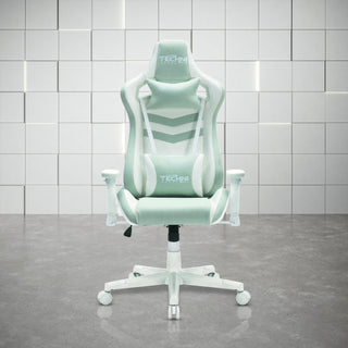 Front view of the green gaming chair by techni sport. This beautiful mint green chair features white hardware including arm rests, wheels and base along with a mint green fabric. The headrest pillow and lumbar pillow are both adjustable and have a matching mint green fabric. 