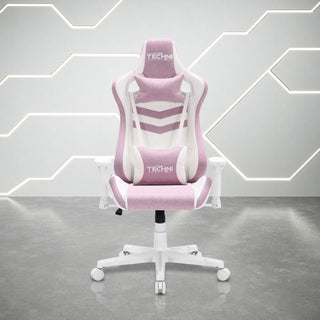 Front view of the pink gaming chair from the pastel series  by Techni Sport. This beautiful pink gaming chair features white hardware including arm rests, wheels and base along with a pink fabric. The headrest pillow and lumbar pillow are both adjustable and have a matching look.
