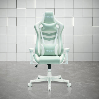 Front view of the pastel mint gaming chair by techni sport. This beautiful green gaming chair features white hardware including arm rests, wheels and base along with a mint green fabric. The headrest pillow and lumbar pillow are both adjustable and have a mathing 
mint green fabric. The color along with the white accents makes this one aesthetic green gaming chair!