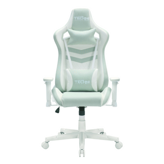 Front view of the pastel mint gaming chair by techni sport against a white background. This beautiful green gaming chair features white hardware including arm rests, wheels and base along with a mint green fabric. The headrest pillow and lumbar pillow are both adjustable and have a mathing 
