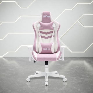 Front view of the pastel pink gaming chair by techni sport. This beautiful pink gaming chair features white hardware including arm rests, wheels and base along with a pink fabric. The headrest pillow and lumbar pillow are both adjustable and have a mathing 
