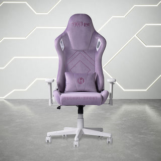 The velvet purple gaming chair by technisport is the best gaming chair for comfort and aesthetics. Here is the front view of the velvet purple gaming chair with white hardware including the base, wheels, casters and white padded arms It includes a velvet purple lumbar support pillow and has a built in headrest. 