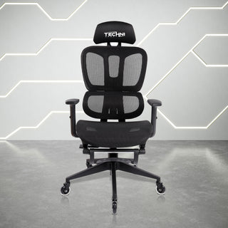 Front view of black gaming chair with footrest, the Airflex 2.0. This is a gaming chair with black mesh and all black hardware. It features a footrest that fully tucks under as shown. It also has all black gaming chair rollerblade wheels for easy and comfortable rolling even on carpets. 