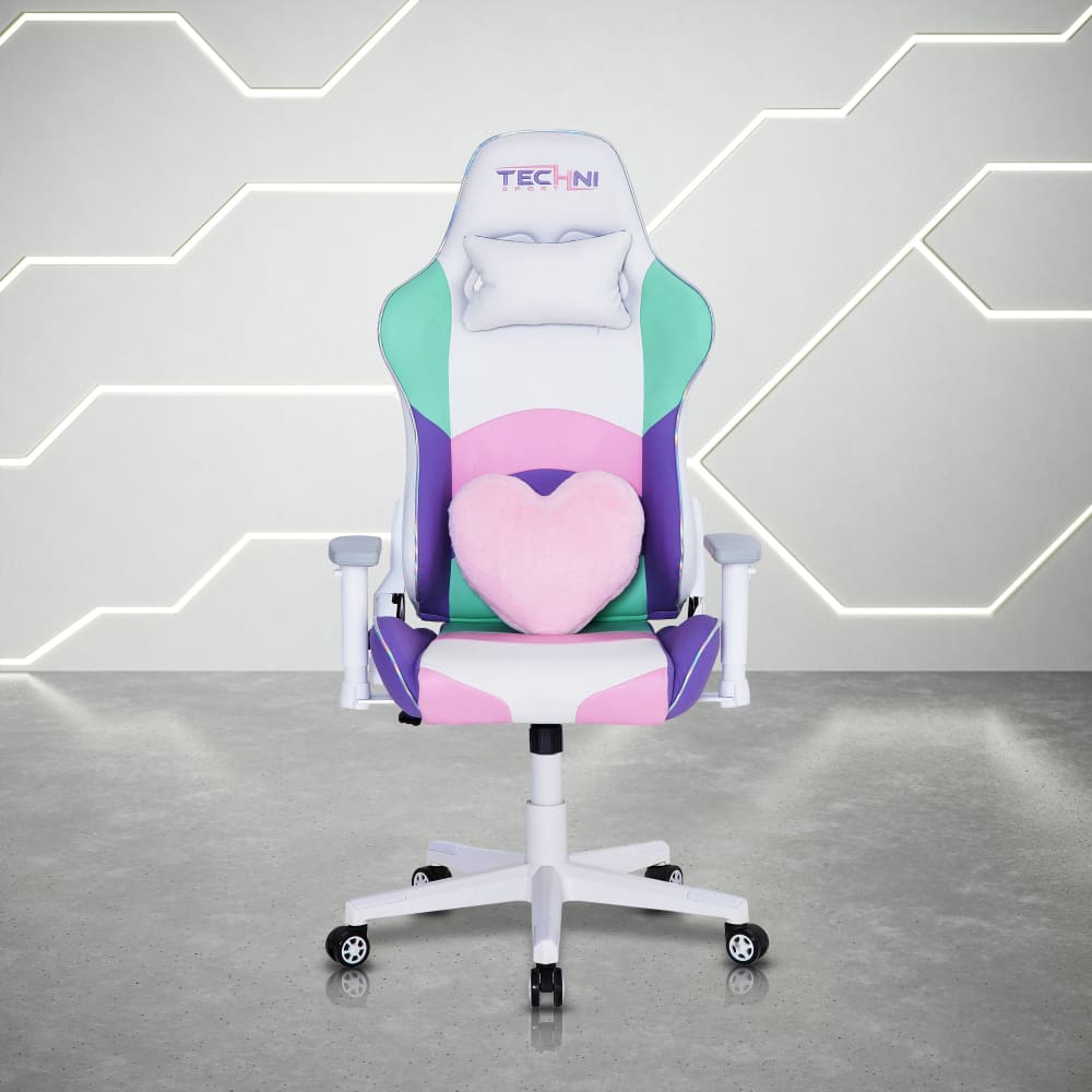 Front view of the kawaii gaming chair, this is a cute gaming chair with personality! White white pink ande purple colors to match kawaii gaming setups It also includes a fluffy heart pillow as a lumbar pillows and a gorgeous iridescent trim. 