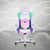 Front view of the kawaii gaming chair, this is a cute gaming chair with personality! White white pink ande purple colors to match kawaii gaming setups It also includes a fluffy heart pillow as a lumbar pillows and a gorgeous iridescent trim. 