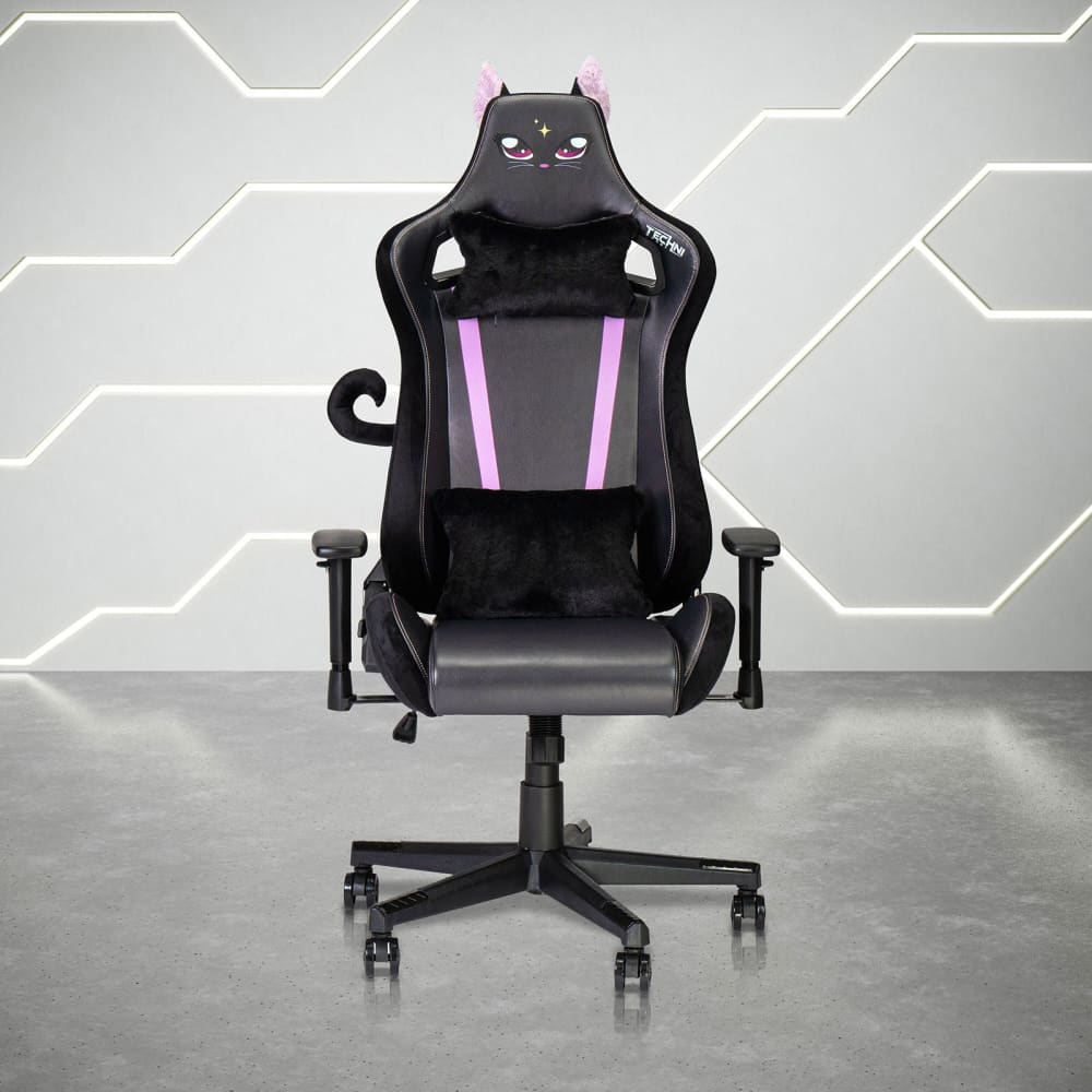 Front view of the technisport cat gaming chair of your dreams in all black. It features clip on cat ears and clip on tail. It also a fluffy plush headrest and lumbar pillow. 
