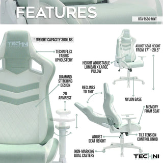 Features of the green gaming chair by techni sport. Pastel green fabric with white leather PU combine to create a beautiful green gaming chair for light green gaming setups. 