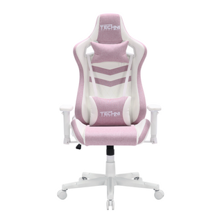 Front view of the pastel pink gaming chair by techni sport shown against an all white background. This beautiful pink gaming chair features white hardware including arm rests, wheels and base along with a pink fabric. The headrest pillow and lumbar pillow are both adjustable and have a mathing 
