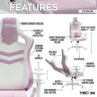 Features of the pastel pink gaming chair by techni sport. Features 2D arms, 150 recline and many more features. 