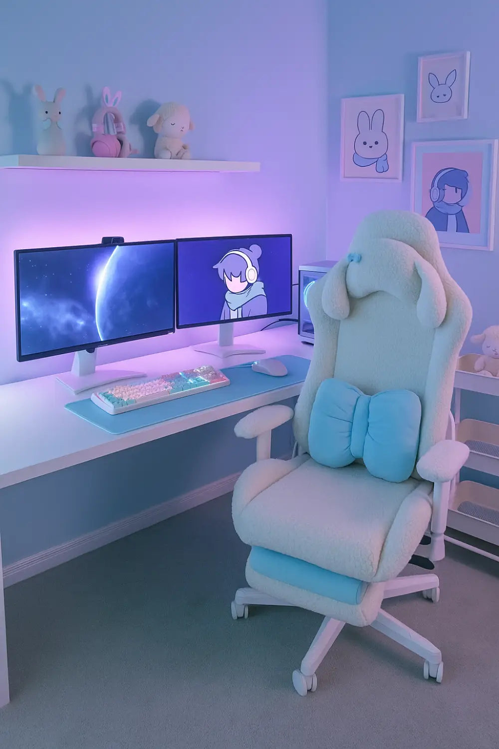 Techni sport bunny gaming chair in a cute light blue and pink gaming setup with light