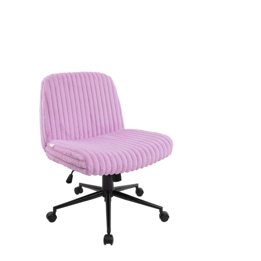 Side view purple criss coss chair wirth plush material and wheels.  
