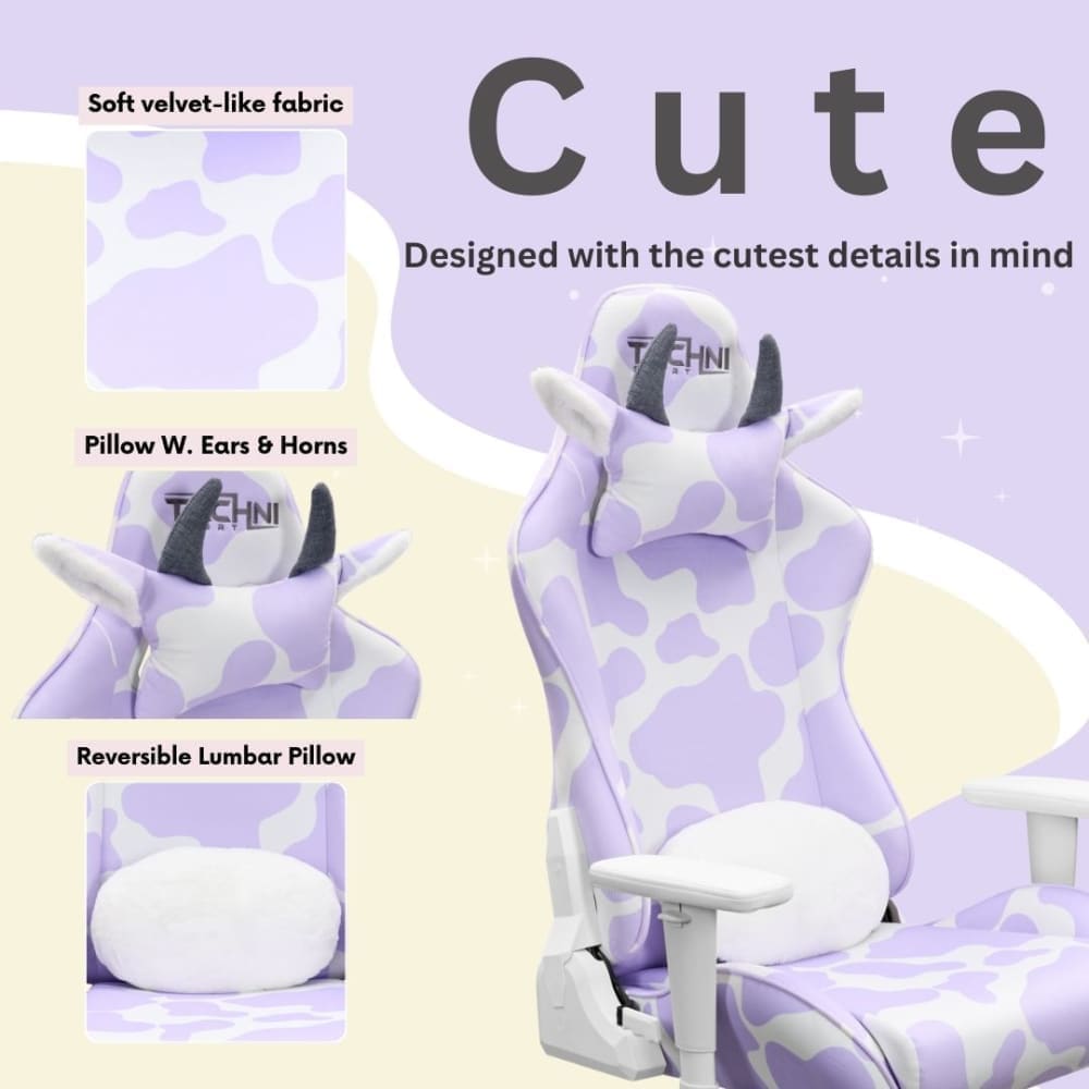 TechniSport cow print gaming chair features detail view – ergonomic cow gaming chair for stylish home office setup 