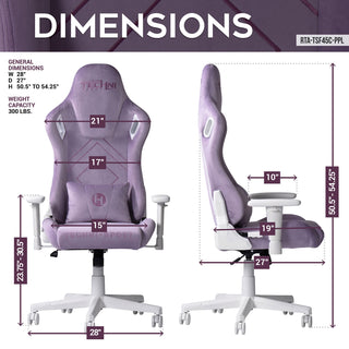 The dimensions of the velvet purple gaming chair are shown. The general dimensions as follows: Width is 28 inches, the seat depth is 27 inches and the height can be changed between 50.5 inches and 54.25 inches. It has a weight capacity of 300 lbs. This chair is both on of the best gaming chair options but also perfect as a cute office chair. 