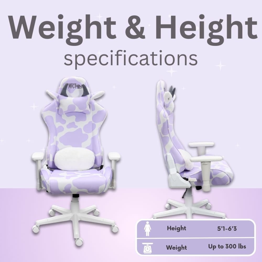 Purple and white cow-print gaming chair height and weight specifications 
