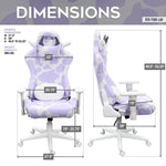 The dimensions of the technisport purple cow gaming chair in the lavender and white cow print are shown. The general dimensions as follows: Width is 27.5 inches, the seat depth is 28 inches and the height can be changed between 49.5 inches and 53.25 inches. It has a weight capacity of 300 lbs. The purple cow chair is the ultimate girl gaming chair it is both cute and functional for purple gaming setup or as a cute home office chair. 