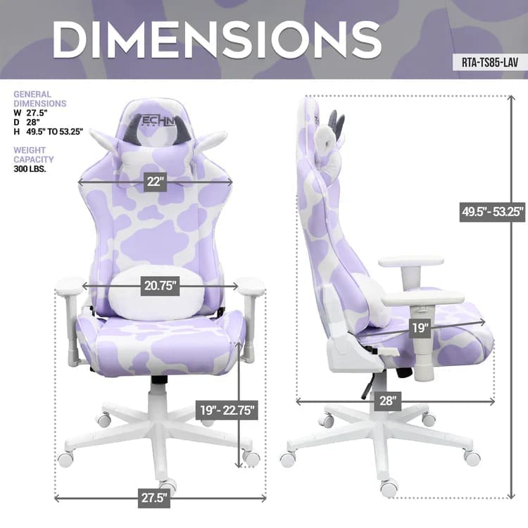 The dimensions of the technisport purple cow gaming chair in the lavender and white cow print are shown. The general dimensions as follows: Width is 27.5 inches, the seat depth is 28 inches and the height can be changed between 49.5 inches and 53.25 inches. It has a weight capacity of 300 lbs. The purple cow chair is the ultimate girl gaming chair it is both cute and functional for purple gaming setup or as a cute home office chair. 