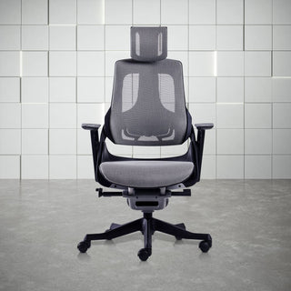 Gray mesh office chair.