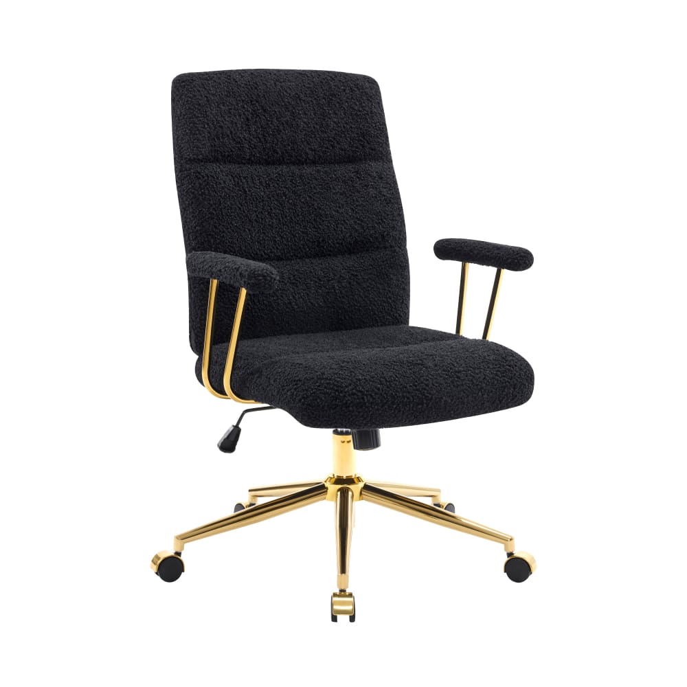 Black sherpa office chair with gold base.