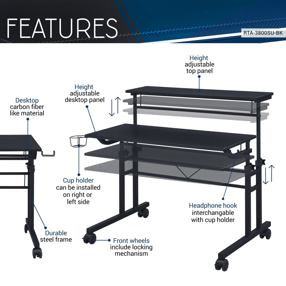 Measurement diagram showing dimensions of a white and black height-adjustable desk on wheels