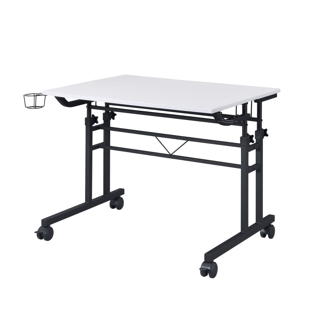 Portable height-adjustable desk with white top and black frame on caster wheels, chrome cup holder on left side