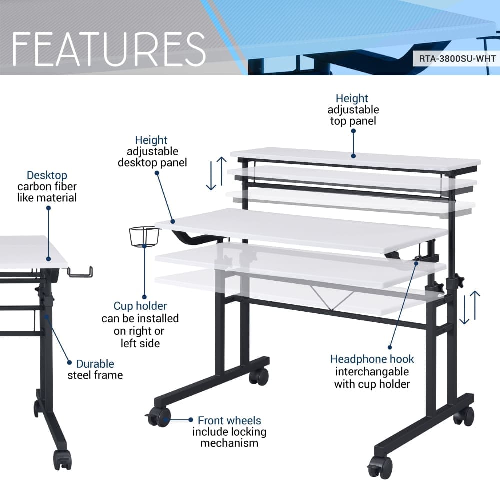 White desk with adjustable height panel, multiple shelves, and slim profile showing features diagram