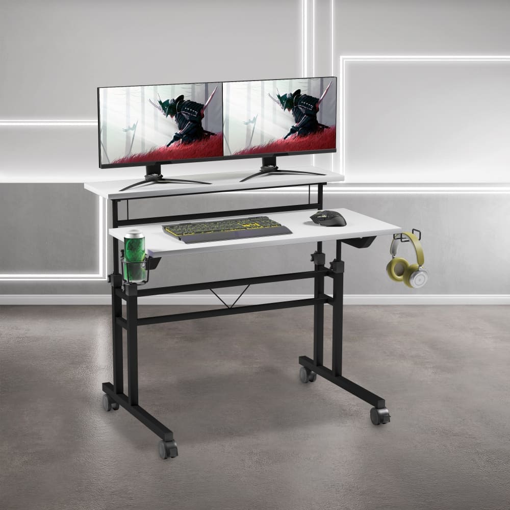 Small black desk with black top, cup holder, and four caster wheels, minimalist design