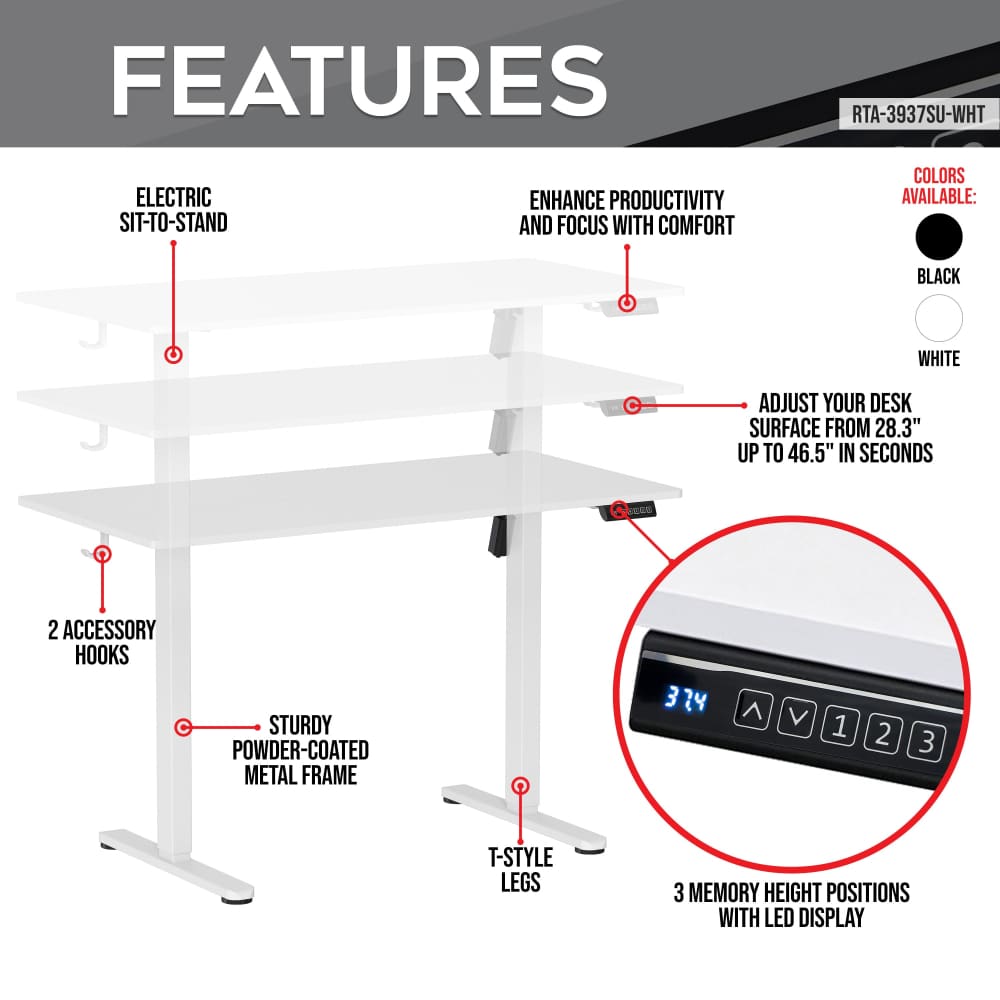 White electric sit-to-stand desk with adjustable height and memory positions.