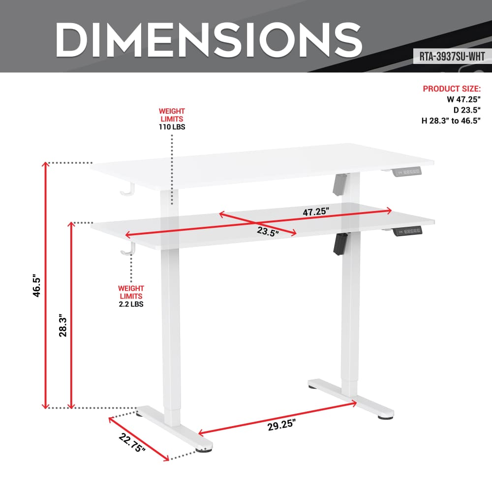 White adjustable standing desk with dimensions.