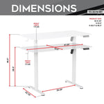 White adjustable standing desk with dimensions.
