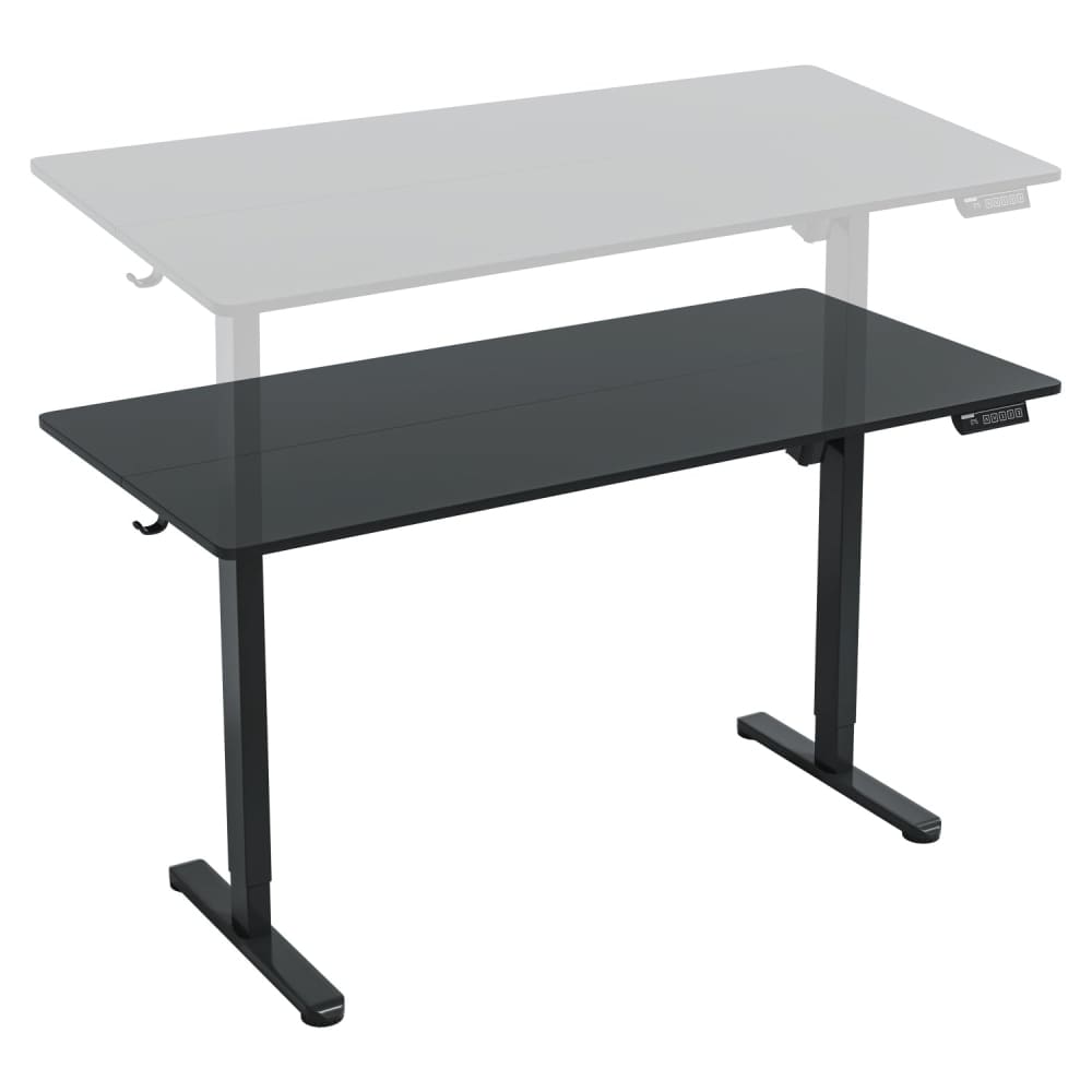 Black adjustable standing desk.