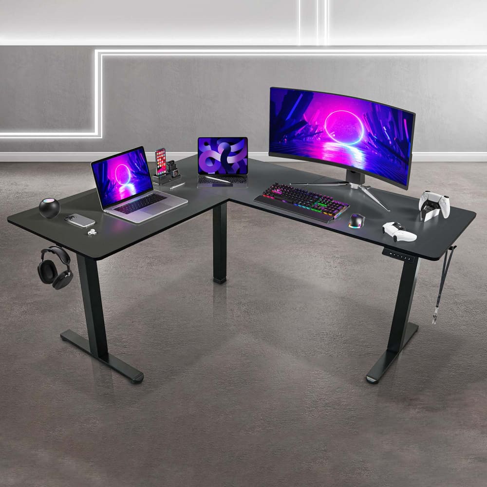 Black L-shaped gaming desk.