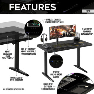 Tokyo Electric Sit To Stand Desk W/ Wireless charging + speakers Gaming Desk