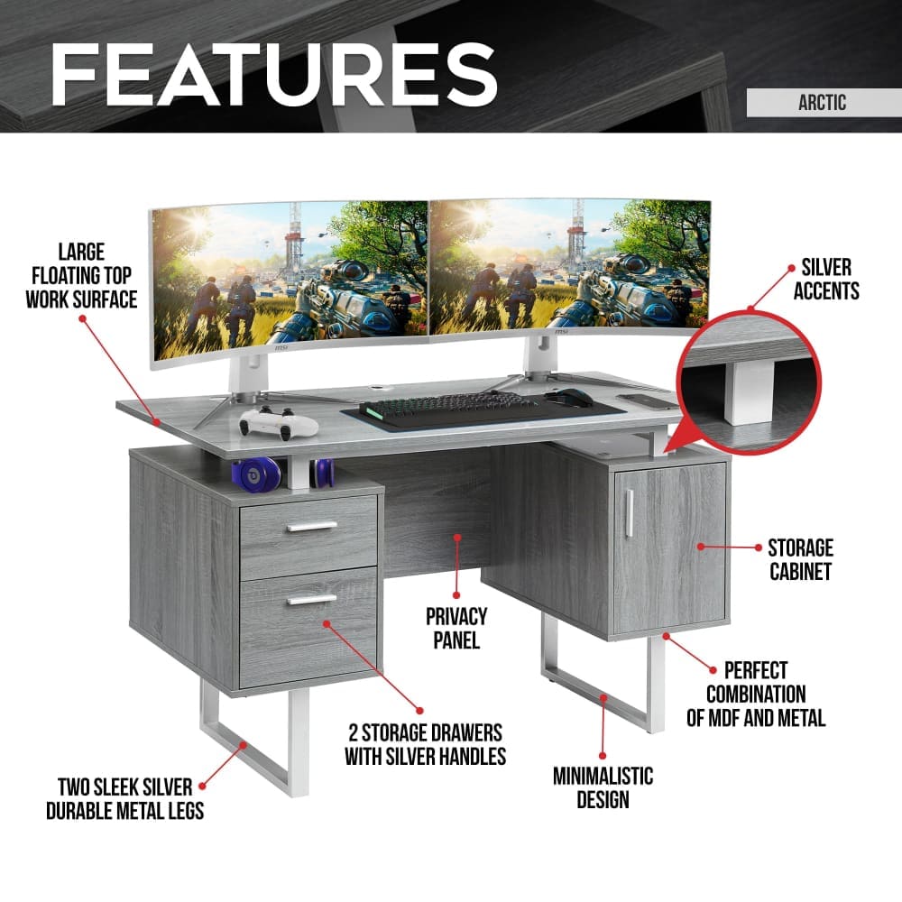 Arctic Grey Gaming Desk Gaming Desk 