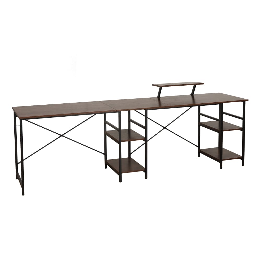 Long L-shaped desk with shelving on both ends and raised monitor stand.