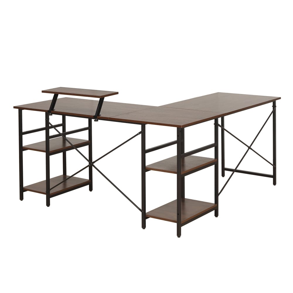 Combined desk configuration with central connector and lower shelves on both sides.