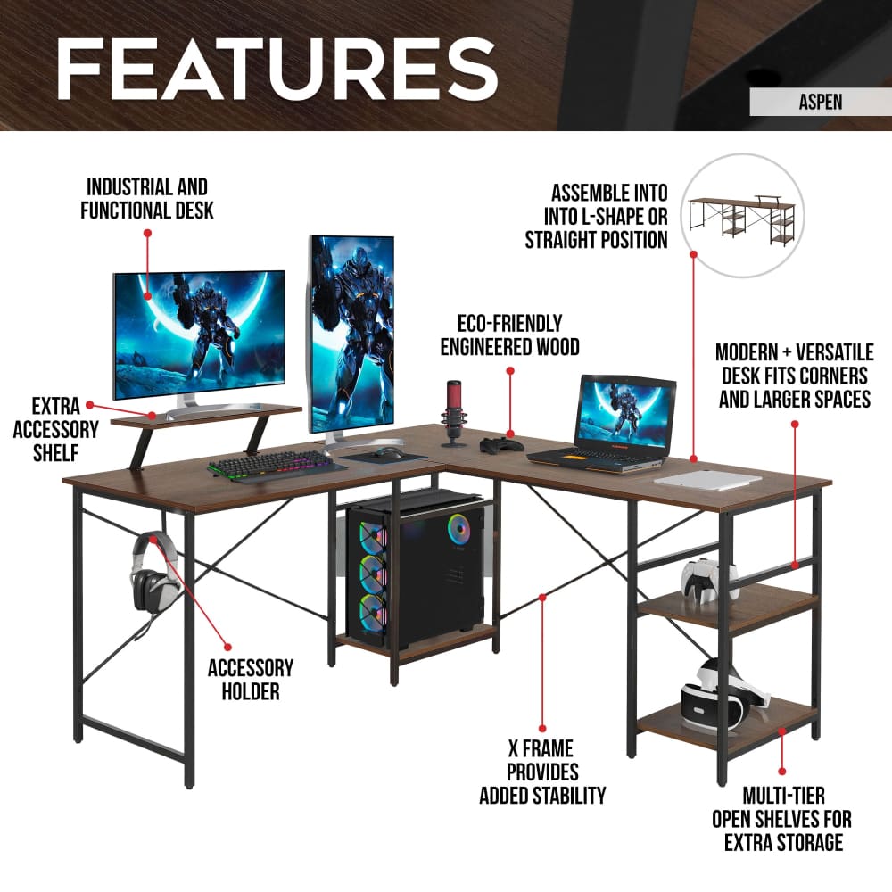 Instructional graphic showing the desk features and dimensions with multiple annotations.