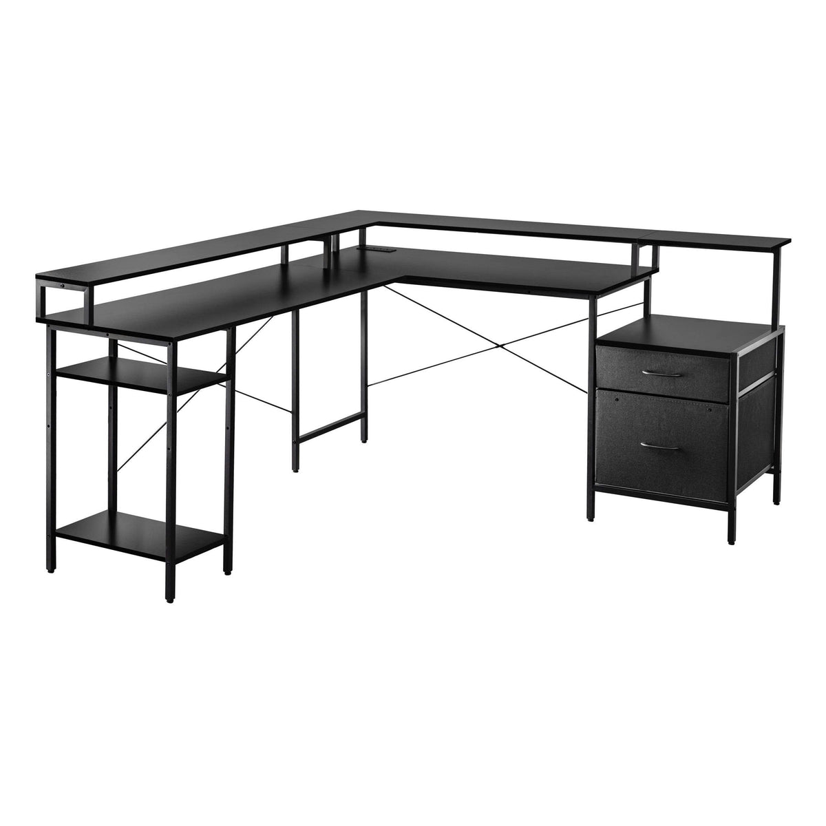 Black L-shaped corner computer desk with multiple shelves, a side stand, and a matching two-drawer filing cabinet, shown on a plain white background. 