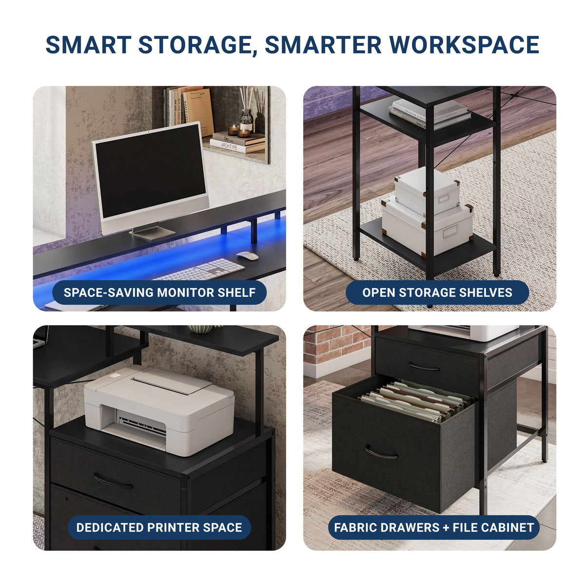 features of black L shape desk with drawers and printer space 