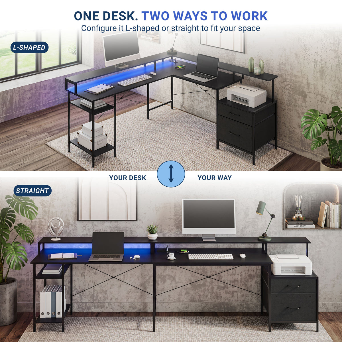 An L-shaped desk shown in a home office setting with two configurations: L-shaped and straight. The desk has a black frame, a dark gray desktop, built-in blue LED lighting, and a three-drawer cabinet on the right. 
