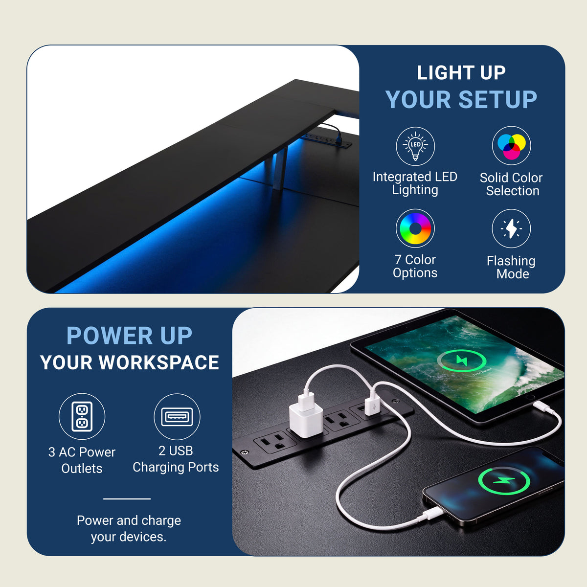 A promotional product graphic for a black desk lamp with integrated LED lighting and USB charging ports. The top panel shows the lamp illuminated with blue light, and the bottom panel shows it plugged into a wall outlet with a tablet and phone charging. 