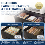 Promotional graphic for fabric drawers and file cabinets showing an open drawer with hanging file folders, plus two inset panels labeled Letter-Size Files and Legal-Size Files. Text highlights spacious storage, durable fabric, large capacity, and multi-purpose use. 