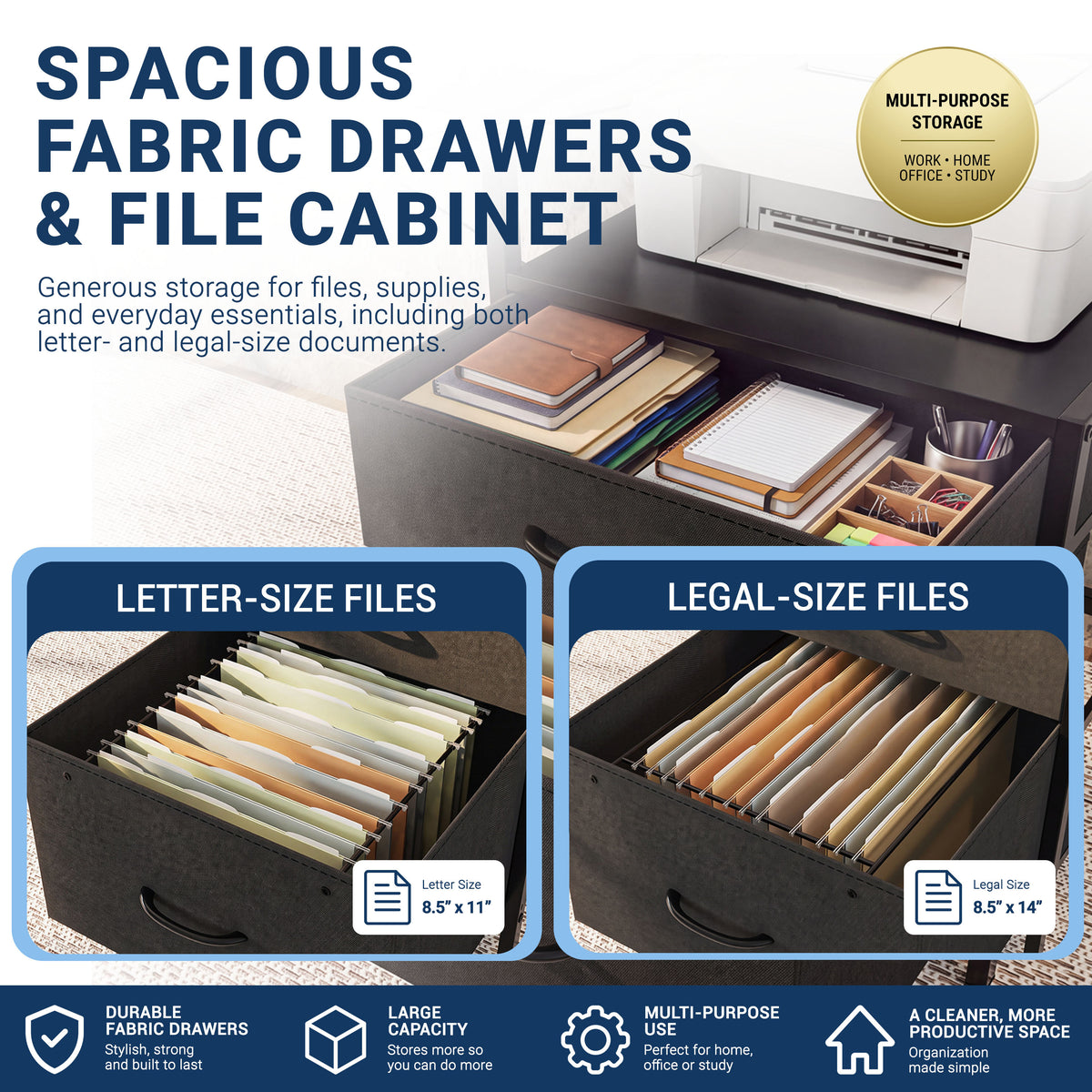 Promotional graphic for fabric drawers and file cabinets showing an open drawer with hanging file folders, plus two inset panels labeled Letter-Size Files and Legal-Size Files. Text highlights spacious storage, durable fabric, large capacity, and multi-purpose use. 