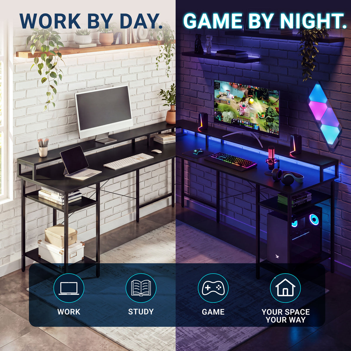 A split-screen promotional image showing a black metal gaming desk in two settings: a minimalist home office setup on the left labeled 'WORK BY DAY' and a dark gaming room on the right labeled 'GAME BY NIGHT'. The desk features a desktop surface, open shelving, and a lower storage shelf with a visible PC tower. 