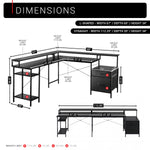 A product dimension diagram showing an L-shaped workbench with two cabinet options, labeled with measurements, weight limits, and shape variants (L-shaped and straight). 