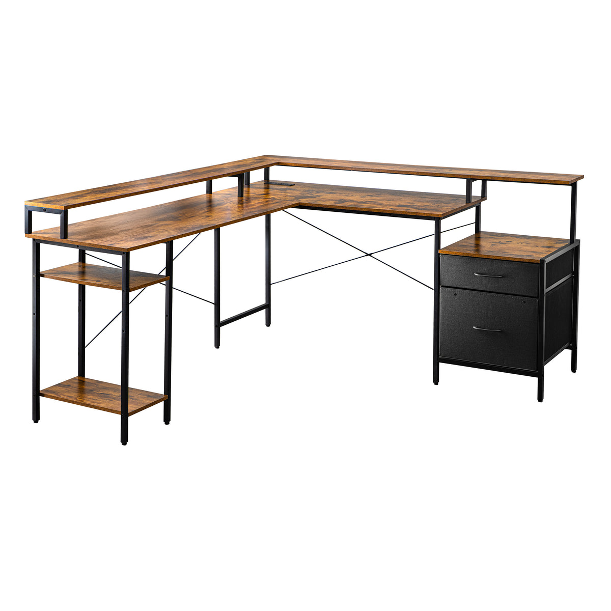 L-shaped computer desk with a wood grain finish and black metal frame, featuring a two-drawer black pedestal file cabinet, on a solid white background. 