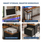 Four-panel promotional graphic for a desk organizer with a wood-look top, black metal frame, monitor shelf, open storage shelves, dedicated printer space, and fabric drawers. The panels show the desk in a home office setting with text callouts: 'SMART STORAGE, SMARTER WORKSPACE,' 'SPACE-SAVING MONITOR SHELF,' 'OPEN STORAGE SHELVES,' 'DEDICATED PRINTER SPACE,' and 'FABRIC DRAWERS + FILE CABINET. 