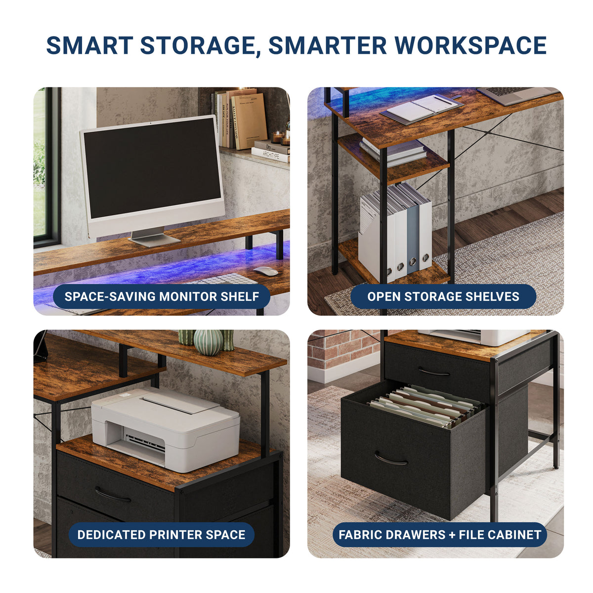 Four-panel promotional graphic for a desk organizer with a wood-look top, black metal frame, monitor shelf, open storage shelves, dedicated printer space, and fabric drawers. The panels show the desk in a home office setting with text callouts: 'SMART STORAGE, SMARTER WORKSPACE,' 'SPACE-SAVING MONITOR SHELF,' 'OPEN STORAGE SHELVES,' 'DEDICATED PRINTER SPACE,' and 'FABRIC DRAWERS + FILE CABINET. 